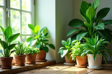 Obraz premium Lush green houseplants thriving in a bright room , room, potted plants, snake plant