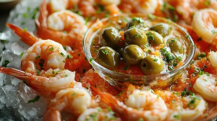 A close-up view of a seafood platter featuring large, peeled shrimp resting on a bed of crushed ice, surrounded by various garnishes.