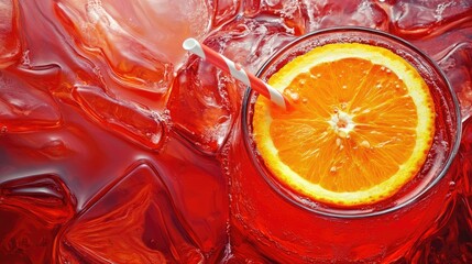 Close-up of a vibrant red cocktail served in a clear glass filled with ice, topped with a dried orange slice and two black straws.