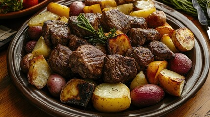 A plated dish featuring sliced grilled steak topped with green herb sauce, accompanied by creamy mashed potatoes and a variety of roasted vegetables, including yellow squash and zucchini.