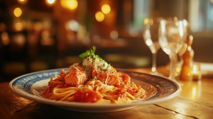 A beautifully plated dish featuring a thick salmon fillet, garnished with herbs, resting atop a bed of spaghetti.