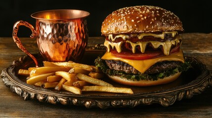 A mouth-watering cheeseburger topped with melted cheese and fresh lettuce, served in a toasted brioche bun.