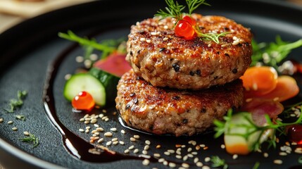 A close-up of a white plate featuring slices of seared tuna, crusted with black and white sesame seeds.