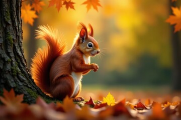 Adorable red squirrel in autumnal oak tree, bright foliage , portrait, adorable