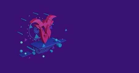 Pink goat head symbol on a pedestal of abstract geometric shapes floating in the air. Abstract concept art with flying shapes on the left. 3d illustration on deep purple background