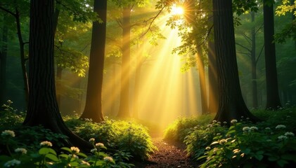 Obraz premium Golden sunlight streams through dense forest canopy, natural, magical