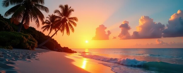 Sunset over palm-lined beach; golden light, tranquil scene, scene, calm