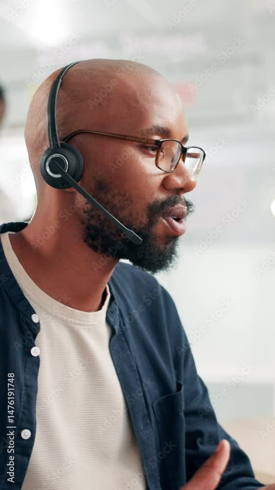 Leinwandbilder communication, consulting and contact us with black man in call center for advice or support. custom