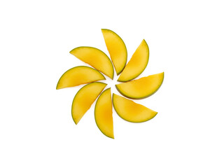 Yellow mango slices isolated on white background.