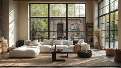 Modern, minimalist living room featuring a sectional sofa.