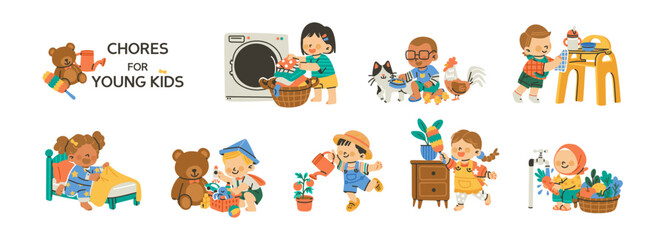 Fototapeta premium Chores and learning life skills for young kids. Illustration of children doing housework concept. Set of flat vectors isolated on white background