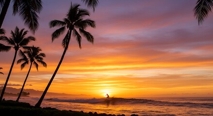 Sunset Surf Silhouette with Palm Trees