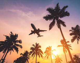 stunning airplane soaring above palm trees at sunset, creating picturesque scene filled with vibrant colors and sense of adventure. warm hues of sky enhance beauty of moment