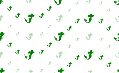 Seamless pattern of large and small green mermaid symbols. The elements are arranged in a wavy. Illustration on light green background