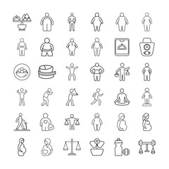 Collection of Line Icons Health, Fitness, and Weight Management Concepts, Including Body Types, BMI, Exercise, Balanced Diet, Hydration, and Wellness Activities for Physical and Mental Health