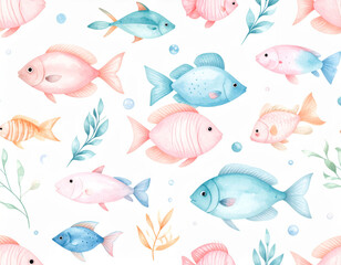 Fototapeta premium beautiful seamless pattern featuring colorful fish in various shades of pink, blue, and orange, surrounded by delicate aquatic plants and bubbles, creating serene underwater atmosphere