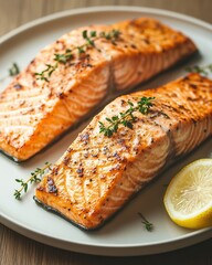 Grilled salmon fillets garnished with herbs and lemon on a plate, showcasing a vibrant meal