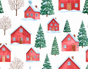 Naklejka premium Cozy red houses surrounded by snow covered trees create charming winter scene. This watercolor pattern evokes sense of warmth and nostalgia, perfect for seasonal designs