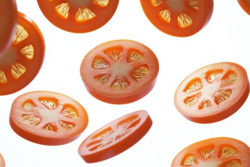 Suspended tomato slices against a bright background