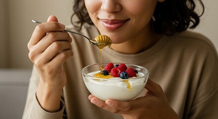 Woman Eats Yogurt with Honey and Berries