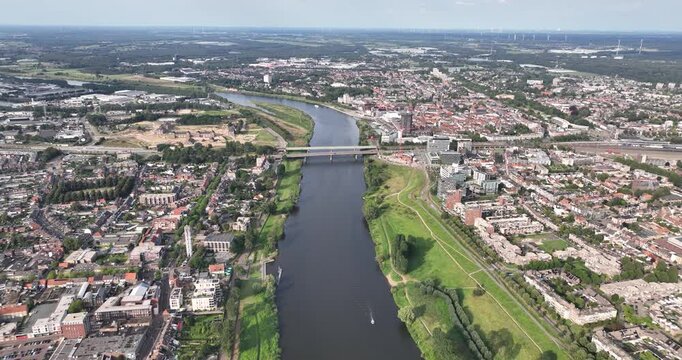 Venlo, skyline, Meuse river, city center, urban overview. Aerial view