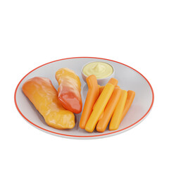 PNG 3D Fish and Chips with Dipping Sauce Illustration Isolated on a White Background