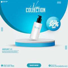 Product showcase design template. Empty studio backdrop background design with cosmetics product. 3D minimalist social media cosmetics product sale promotional poster design vector. Social media ads. 