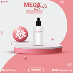 Product showcase design template. Empty studio backdrop background design with cosmetics product. 3D minimalist social media cosmetics product sale promotional poster design vector. Social media ads. 