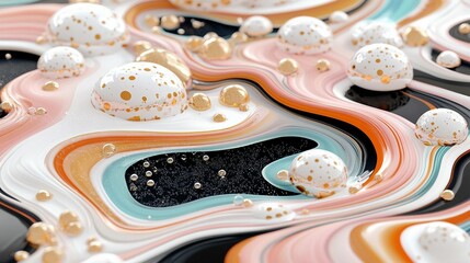 Obraz premium Abstract swirls of colorful liquid with white and gold bubbles