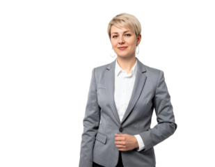 Confident businesswoman in grey suit poised