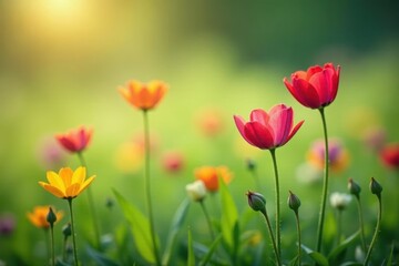 Obraz premium Delicate wildflowers blooming in a meadow, vibrant hues , pastel, colorful