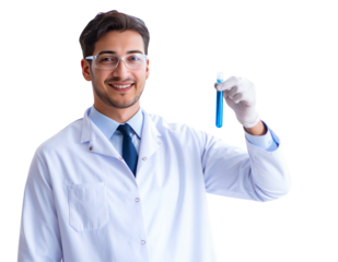 Confident researcher displays blue liquid test tube