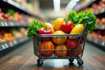 Overfilled metal shopping basket overflowing with fresh produce , healthy eating, cauliflower