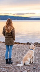 Woman and dog on a beach at sunset