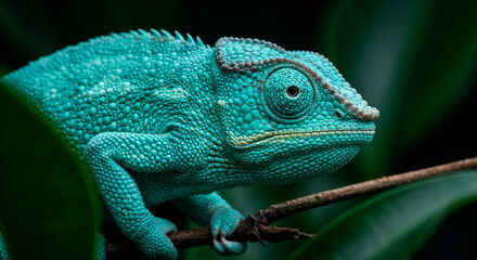 Obraz premium Turquoise Chameleon Lizard Exotic Reptile Green Leaves