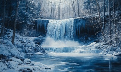 artistic depiction of a frozen waterfall surrounded by glowing icicles and snow-covered rocks, with sunlight streaming through, Generative AI
