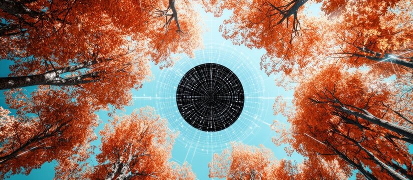 Ethereal autumn canopy with a futuristic data nexus floating above