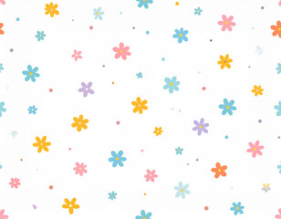 Bright and cheerful floral pattern featuring colorful flowers in various shades of pink, blue, yellow, and purple on white background, creating joyful and playful atmosphere