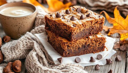 Two gooey chocolate chip brownies, coffee, and autumn leaves