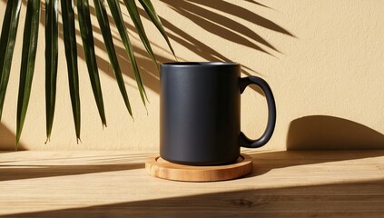 Dark Gray Ceramic Mug on a Round Wooden Coaster Placed on a Light Wooden Surface