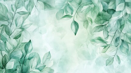 Watercolor painting of green leaves and branches on a light teal background.