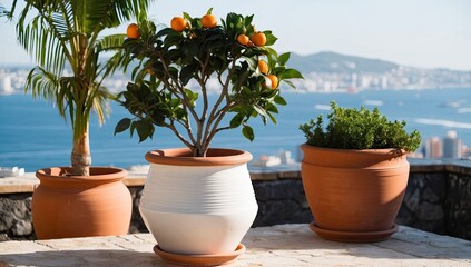 Orange Tree with Ripe Fruits in a White Ceramic Pot on a Balcony Overlooking the Coast and Ocean
