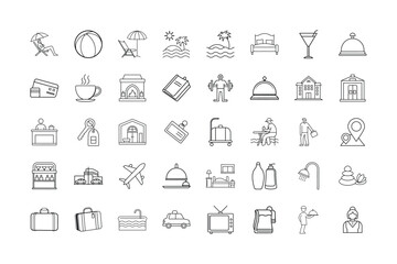 Set of Line Icons Representing Hotel, Hospitality, and Travel Services, Including Room Service, Check-in, Amenities, Vacation, Transportation, and Hotel Facilities