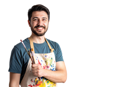 Smiling artist presents colorful paintbrushes - Powered by Adobe