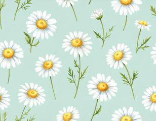 Fototapeta premium Bright and cheerful daisies with white petals and yellow centers create beautiful seamless pattern on soft blue background, evoking sense of freshness and joy