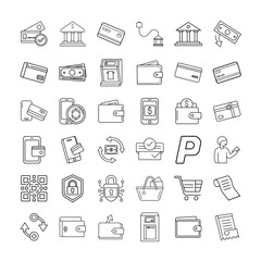 Set of Line Icons Representing Online Payment, Banking, and Digital Wallets, Including Credit Cards, Mobile Payments, Security, E-commerce, and Transaction Symbols
