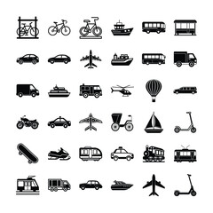 Set of Black and White Icons Representing Various Modes of Transportation, Including Bicycles, Cars, Boats, Planes, Trains, Motorcycles, and Other Vehicles