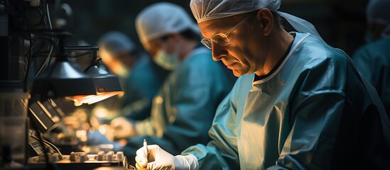 Surgeons performing operation in operating room. Group of surgeons in operating room.