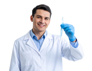 Smiling doctor showcases vial in gloved hand