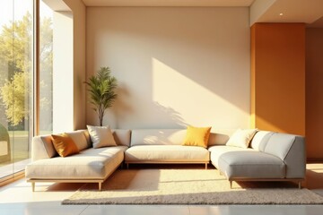 Fototapeta premium Sunlight Illuminates a Modern Sectional Sofa in a Calm and Serene Living Room Featuring a Neutral Color Palette and Natural Textures
